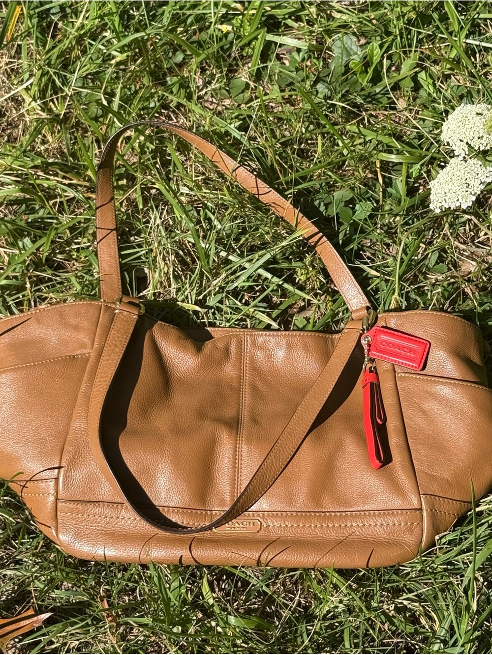 Coach Brown Leather Shoulder Tote with Red Charm